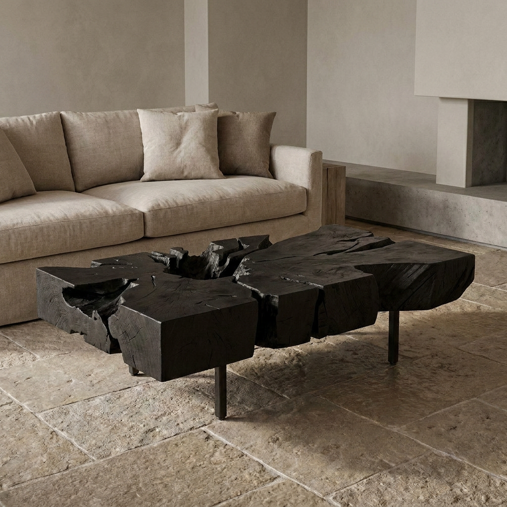 ARBOR Couchtisch mit rohem Wurzelholz und schlanken Beinen aus Roheisen, niedrig – Lorenz Laurent Home