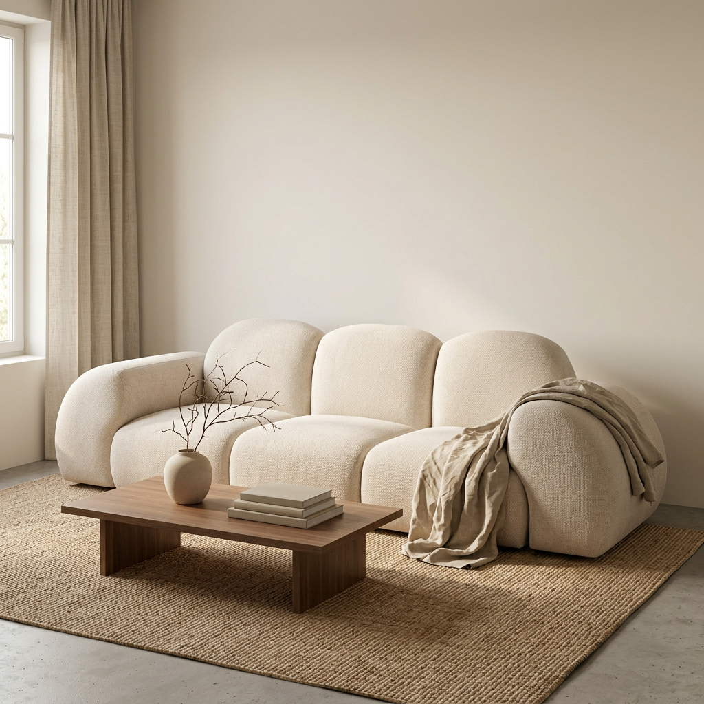 CULVER Sofa vor heller Wand mit Juteteppich – Lorenz Laurent Home