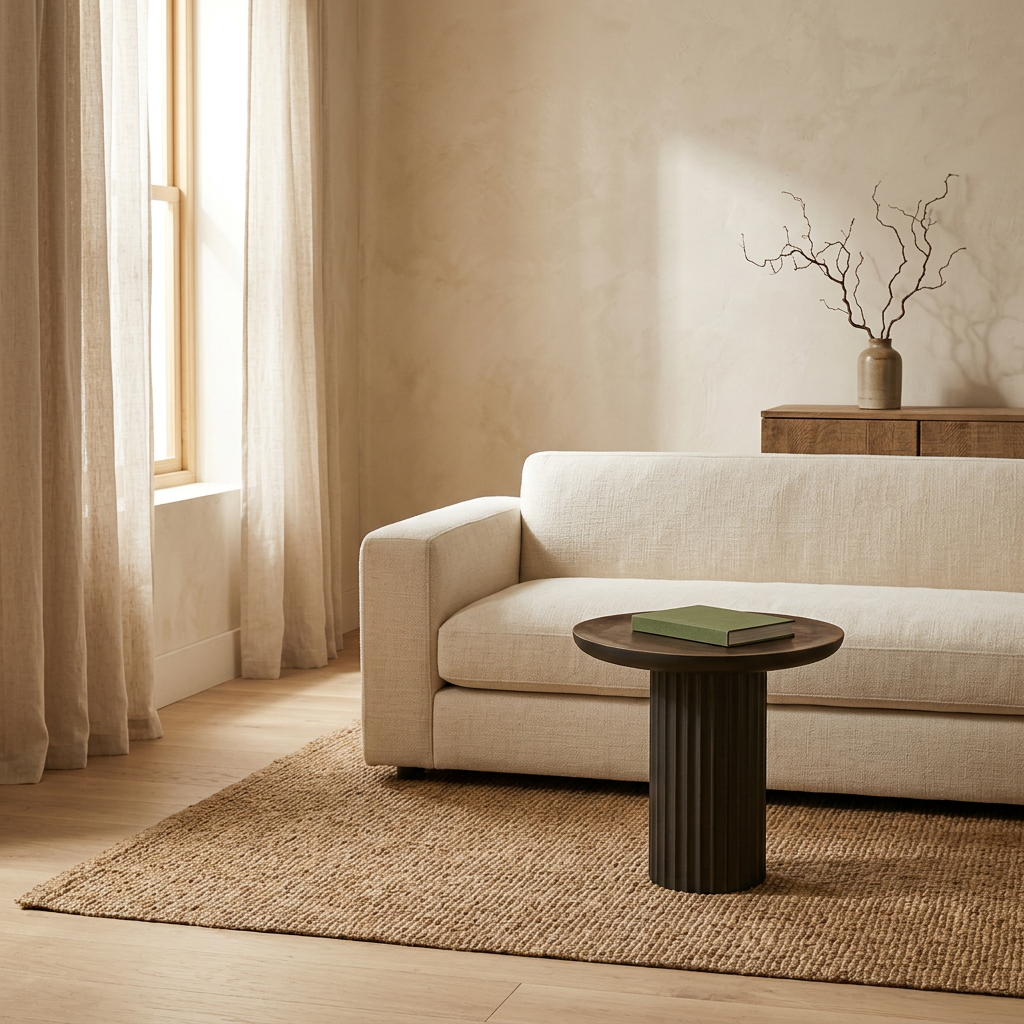 LAGO Beistelltisch mit dunkler Holzplatte neben hellem Sofa auf Juteteppich im sonnigen Wohnraum – Lorenz Laurent Home