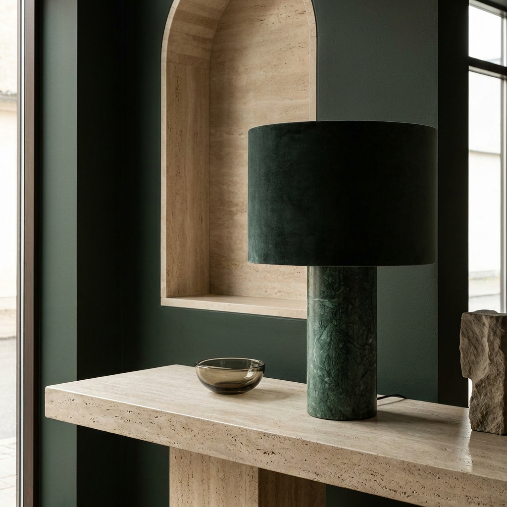 VERDE Tischleuchte in Grün aus Marmor und Velours, 62 cm hoch, dekorative Beleuchtung mit E27-Fassung – Lorenz Laurent Home