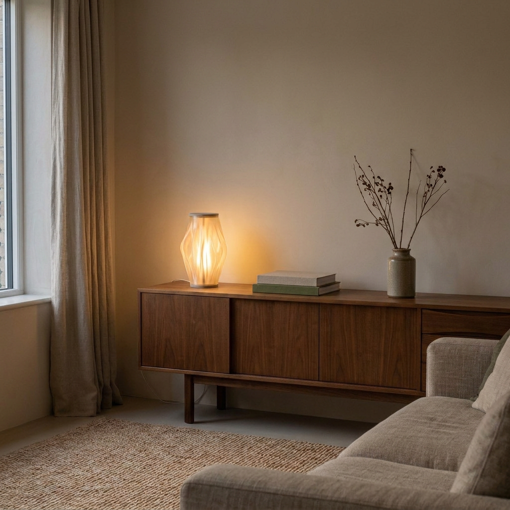 KARST Tischleuchte eingeschaltet auf einem Walnuss-Sideboard – Lorenz Laurent Home