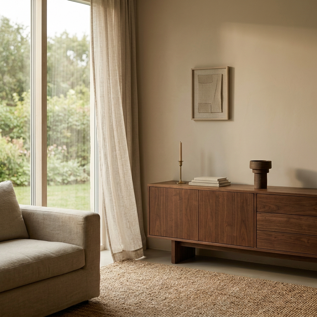 LANIKAI Vase auf einem Nussbaum-Sideboard am Fenster – Lorenz Laurent Home