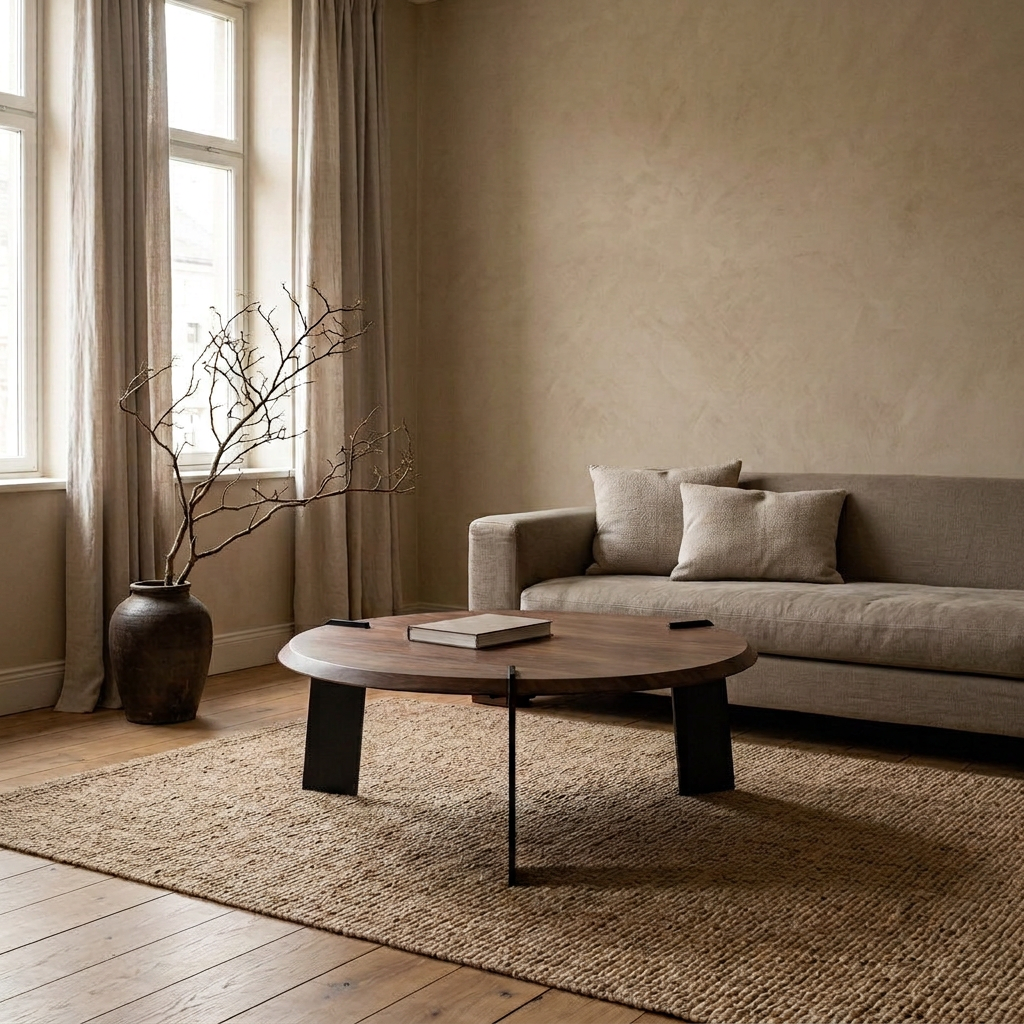 NINFEA Couchtisch auf einem Juteteppich vor Kalkputzwand – Lorenz Laurent Home