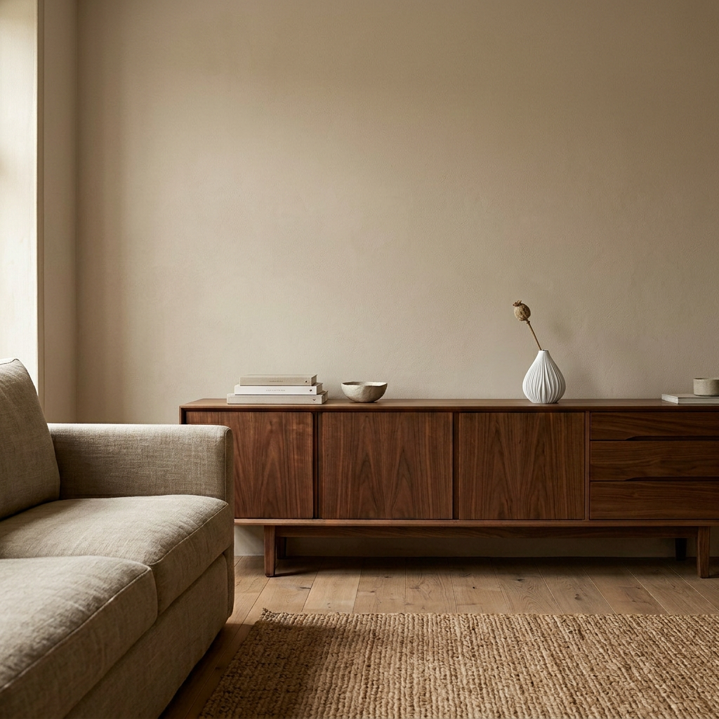 PLICA Vase auf einem Sideboard aus Nussbaum vor Kalkputzwand – Lorenz Laurent Home
