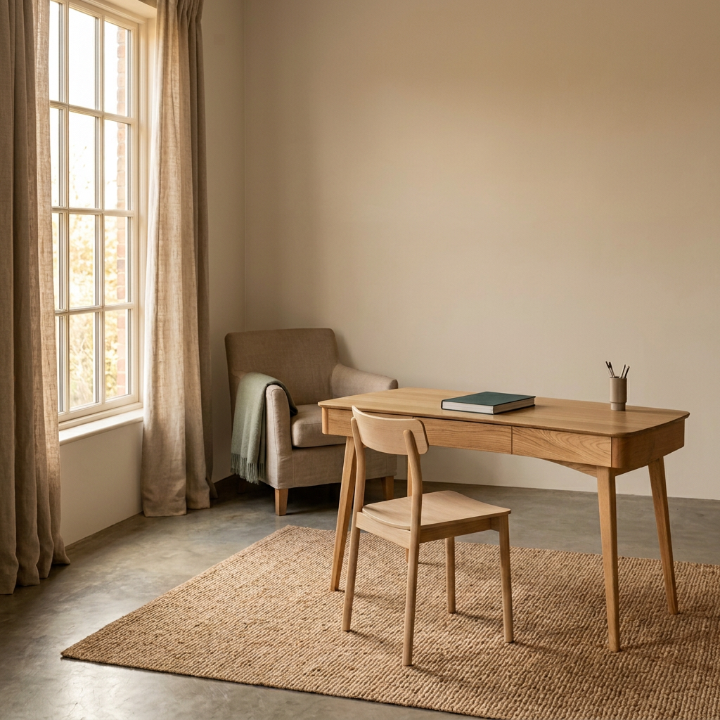 RONDA Schreibtisch im Arbeitszimmer vor Kalkputzwand – Lorenz Laurent Home