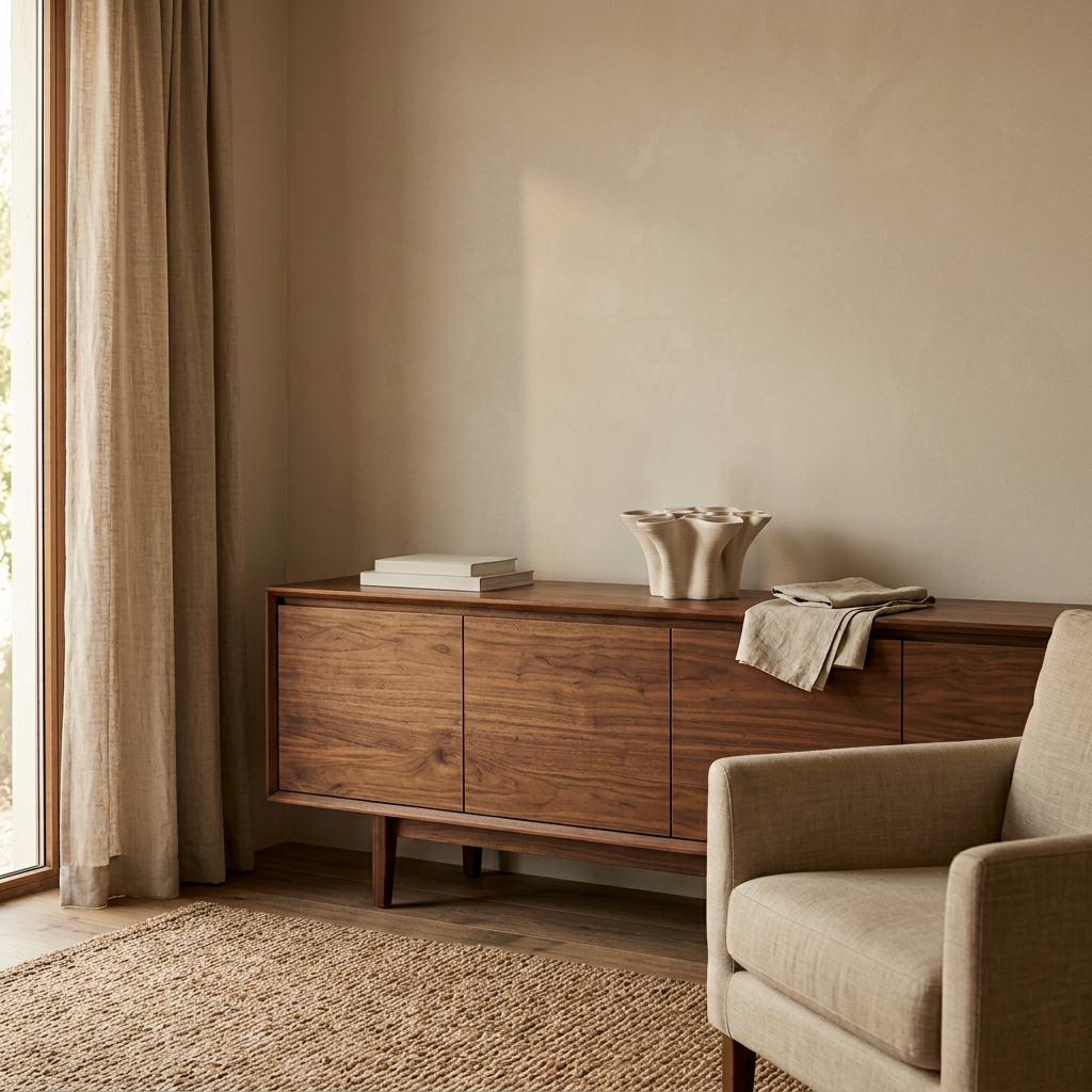 SKERRY Vase auf einem Nussbaum-Sideboard vor Kalkputzwand – Lorenz Laurent Home
