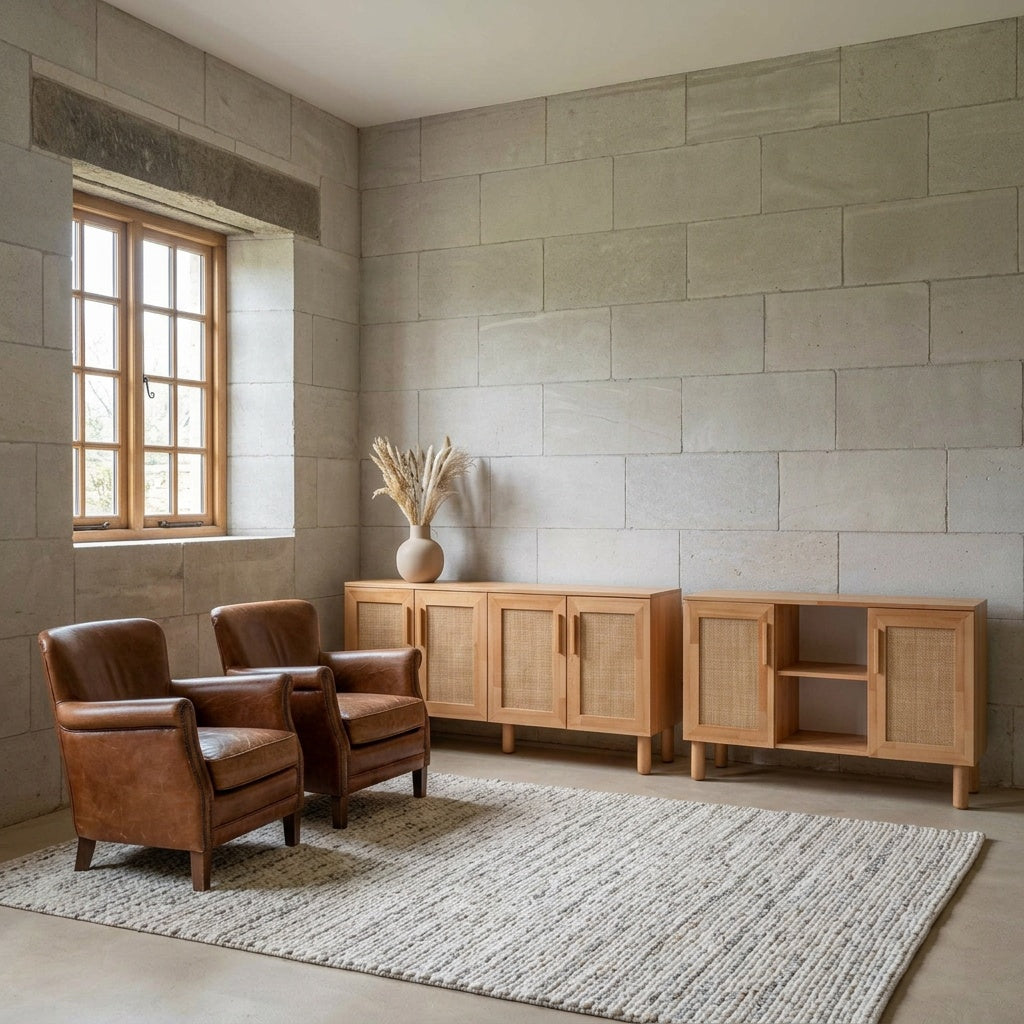 Lorenz Laurent – TRAMA Sideboard in beiden Größen nebeneinander vor einer Kalksteinwand im Wohnraum