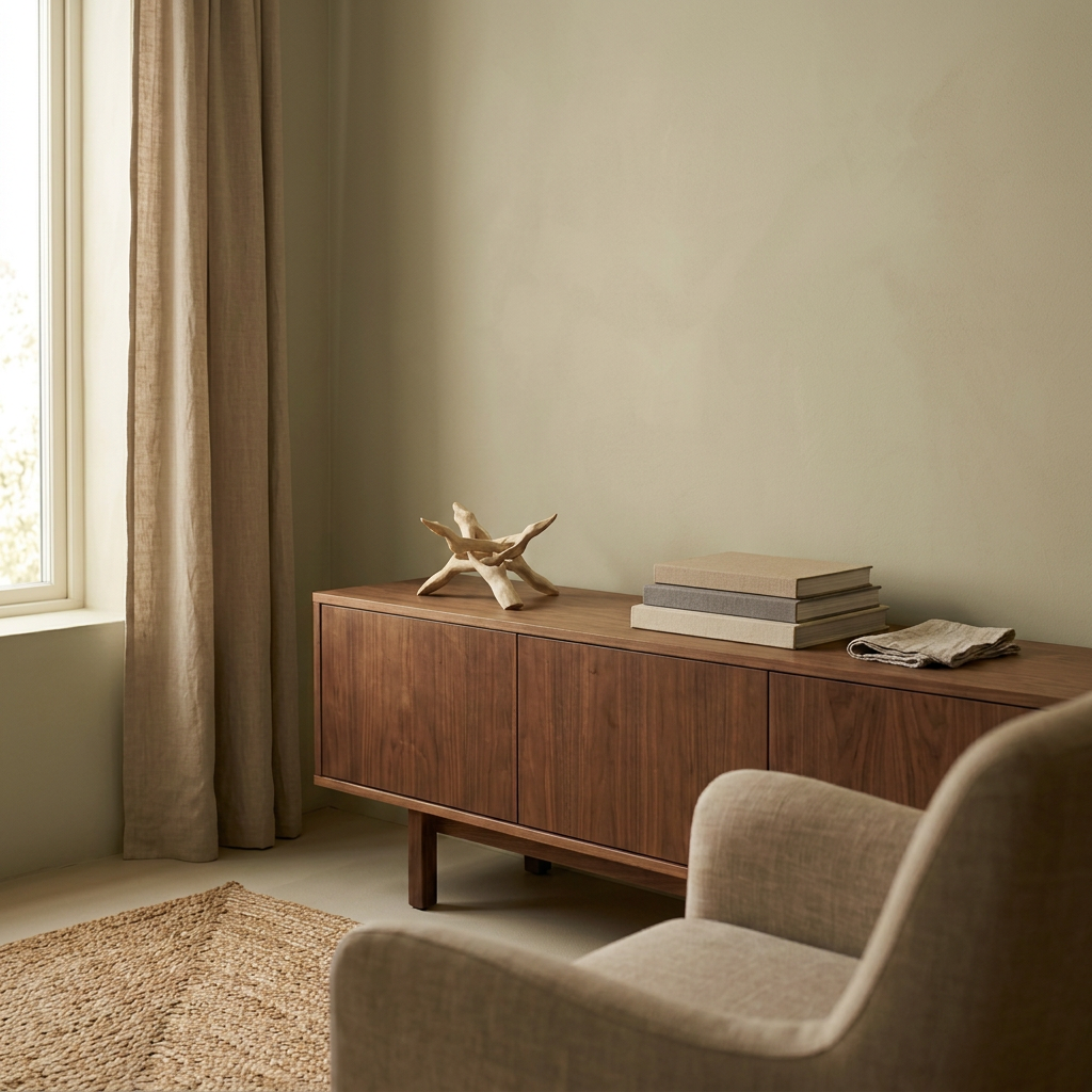 TRIPUS Holzständer auf einem Nussbaum-Sideboard vor Kalkputzwand – Lorenz Laurent Home
