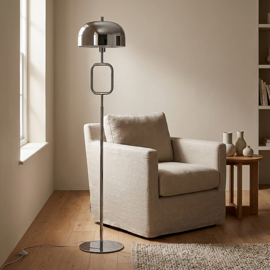 VION Stehlampe in Chromoptik, hoch und schlank für Wohnraum und Leseecke – Lorenz Laurent Home