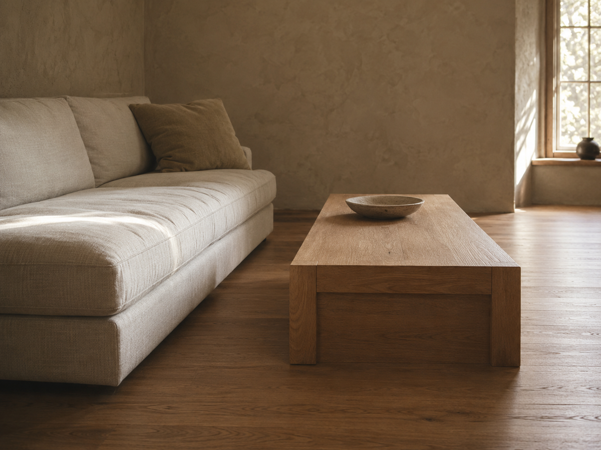 Sitzbereich mit Sofa und niedrigem Couchtisch in aufeinander abgestimmten Proportionen – Lorenz Laurent Home