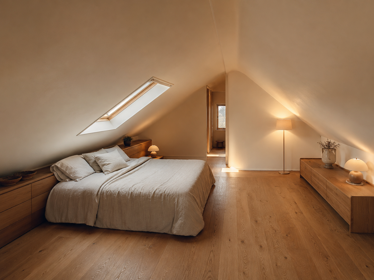 Dachgeschossraum mit Dachschräge, niedrigen Möbeln und Licht aus dem Dachfenster – Lorenz Laurent Home