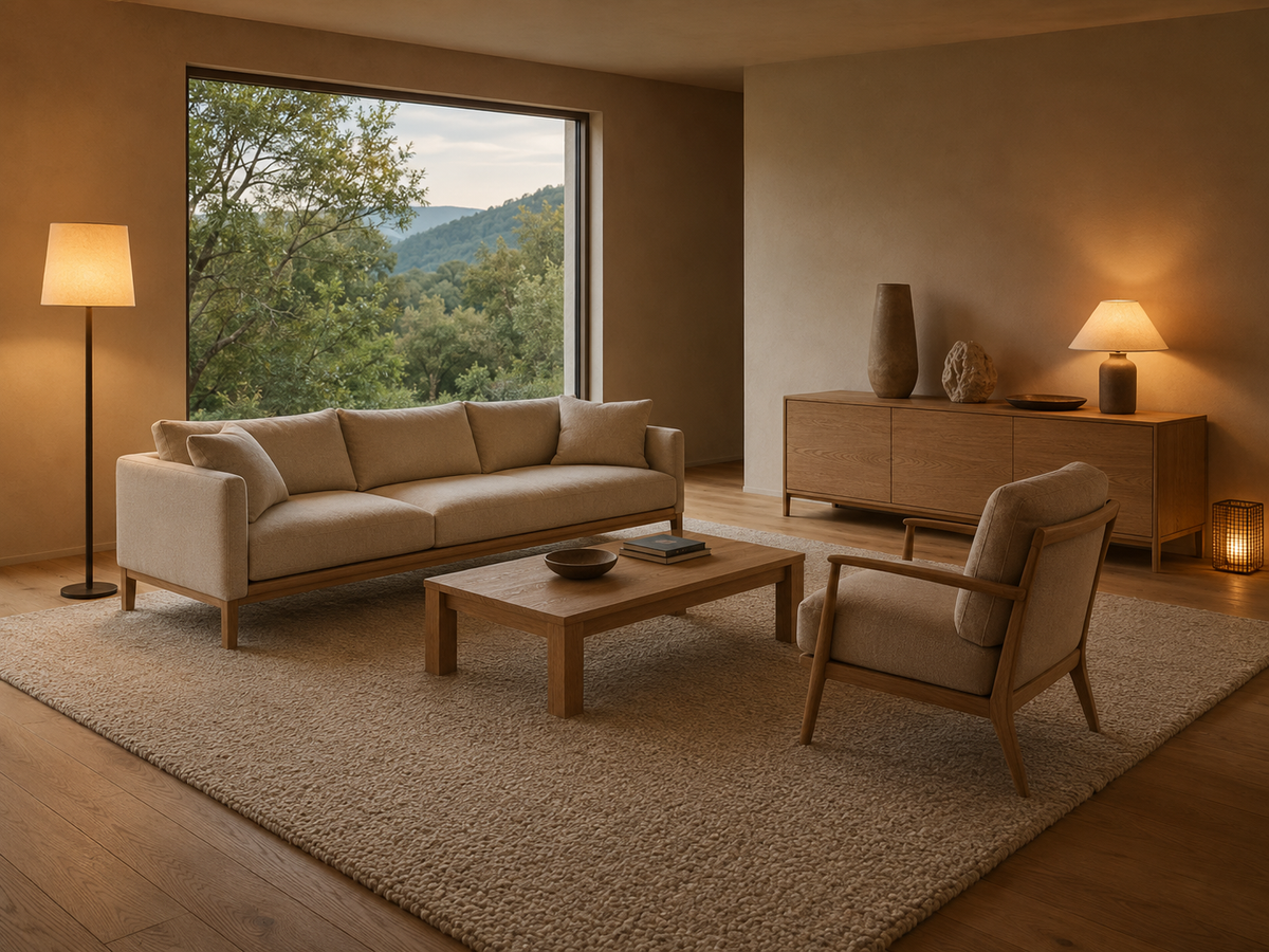 Ruhig eingerichteter Wohnraum mit Sofa, Teppich und wenigen abgestimmten Möbelstücken – Lorenz Laurent Home