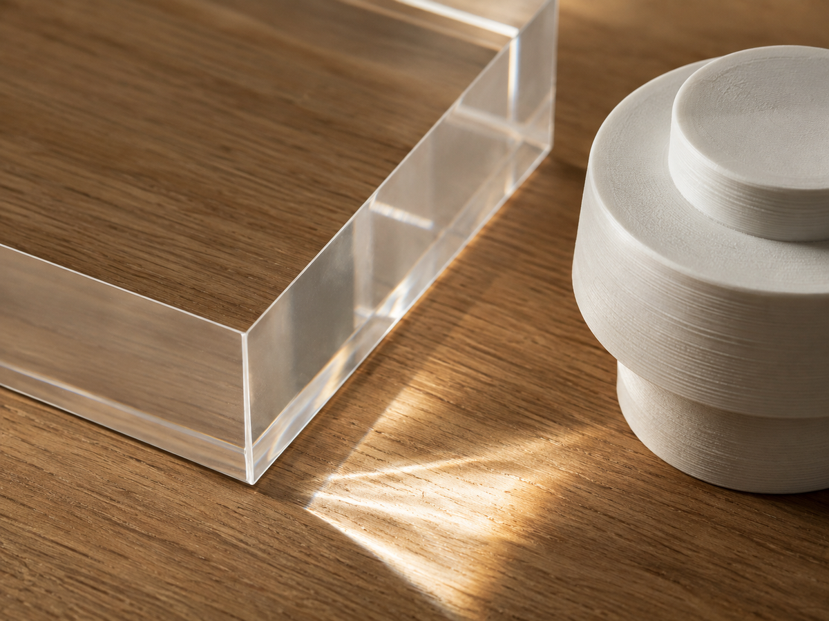 Lorenz Laurent – Klare Acrylkante auf Eiche neben einem 3D-gedruckten Objekt mit Schichtlinien