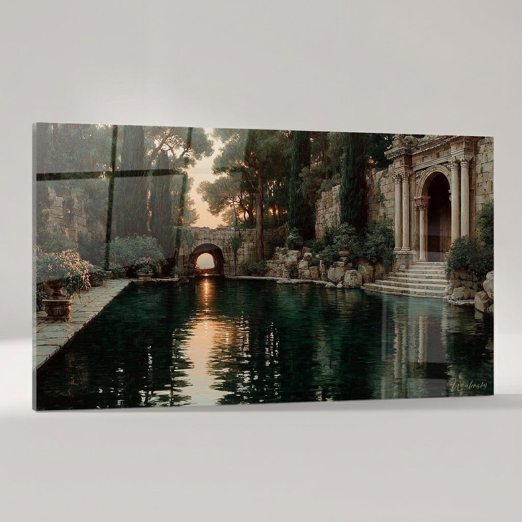 ARCADIA Wandbild auf Acrylglas mit klassizistischer Gartenszene am Wasserbecken im Abendlicht