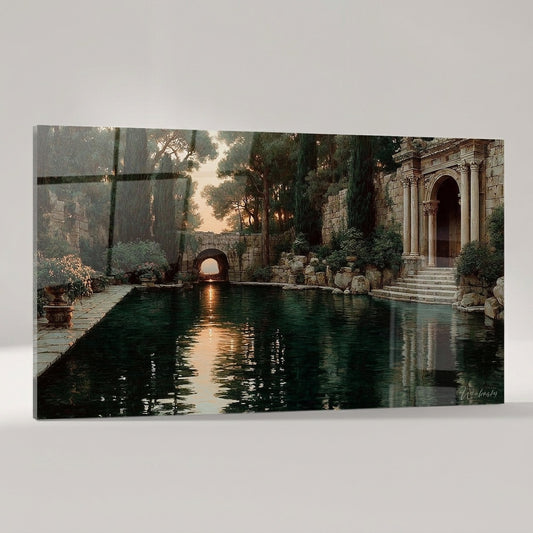 ARCADIA Wandbild auf Acrylglas mit klassizistischer Gartenszene am Wasserbecken im Abendlicht