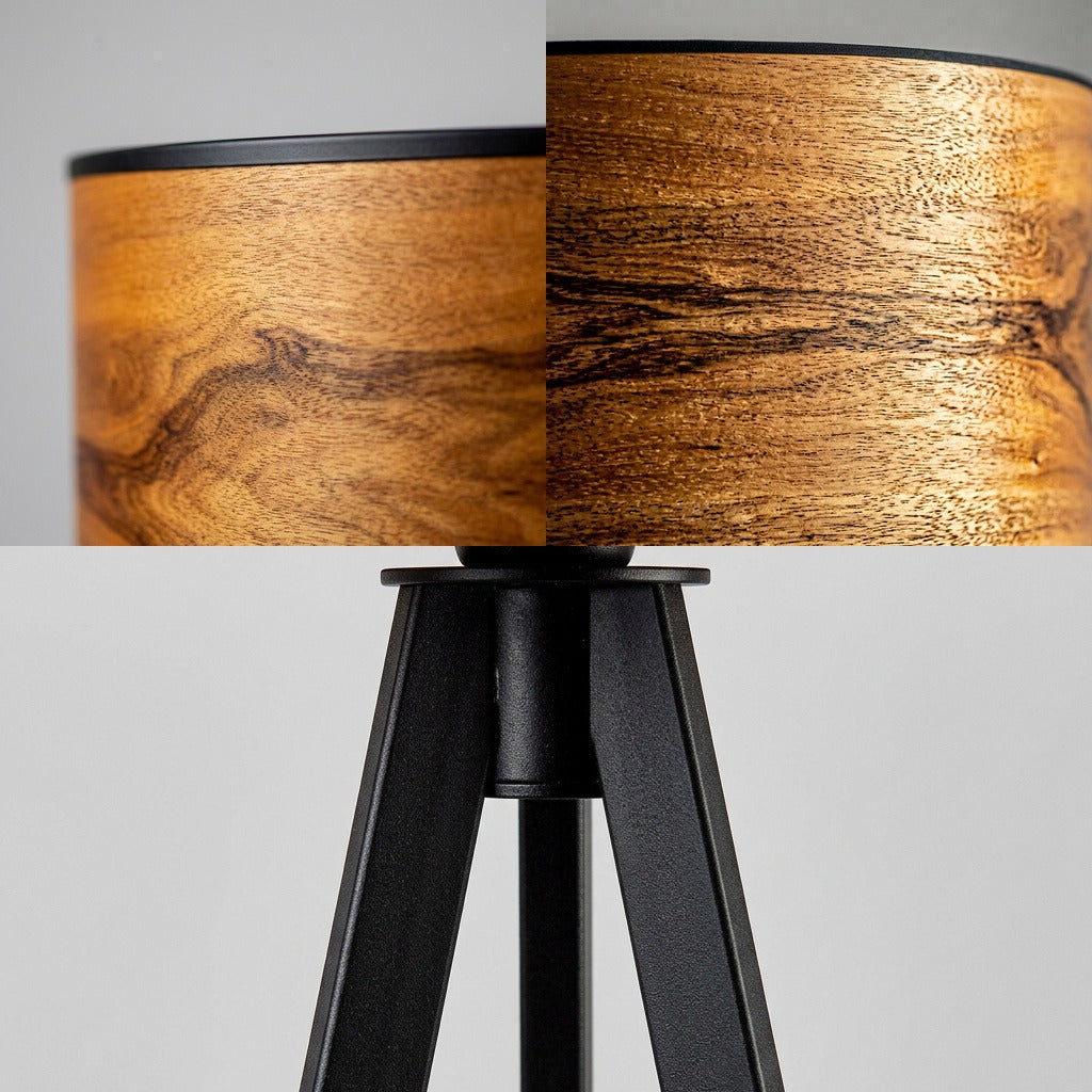 Lorenz Laurent – ADERA Stehlampe im Detail, Nussbaumfurnier, schwarze Schirmkante, Beinknoten