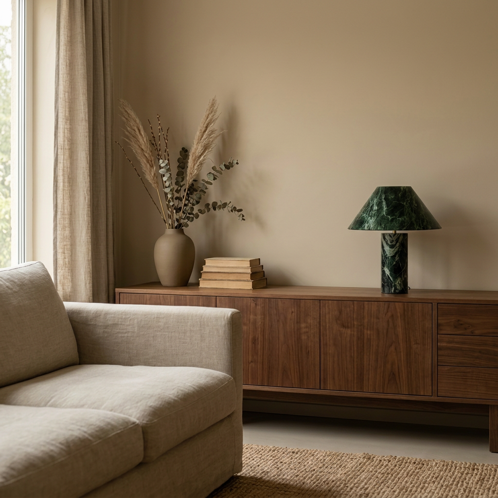 ALPI Tischleuchte auf einem Nussbaum-Sideboard vor Kalkputzwand – Lorenz Laurent Home