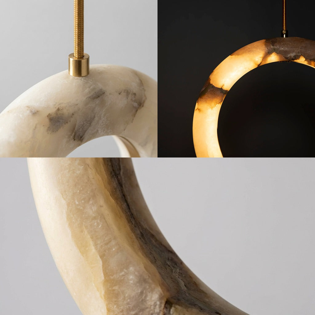 Lorenz Laurent – ANELLO Pendelleuchte im Detail, Messingfassung am Stein und leuchtender Ring