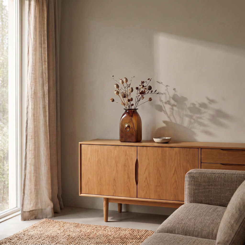 ANSA Vase aus Bernsteinglas mit Trockenzweigen auf einem Sideboard aus Eiche – Lorenz Laurent Home