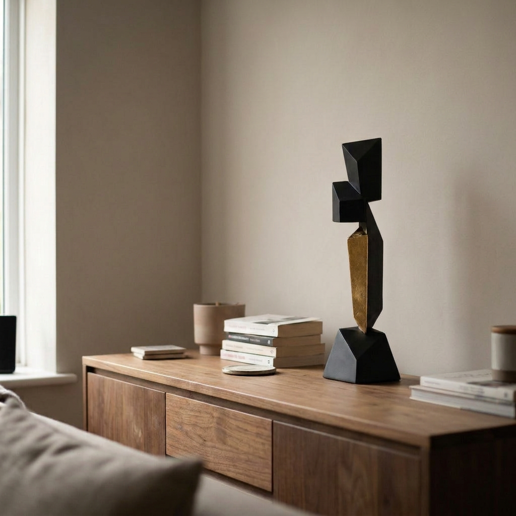 APEX Skulptur in Schwarz und Gold auf einem Sideboard im Wohnzimmer bei Tageslicht – Lorenz Laurent Home