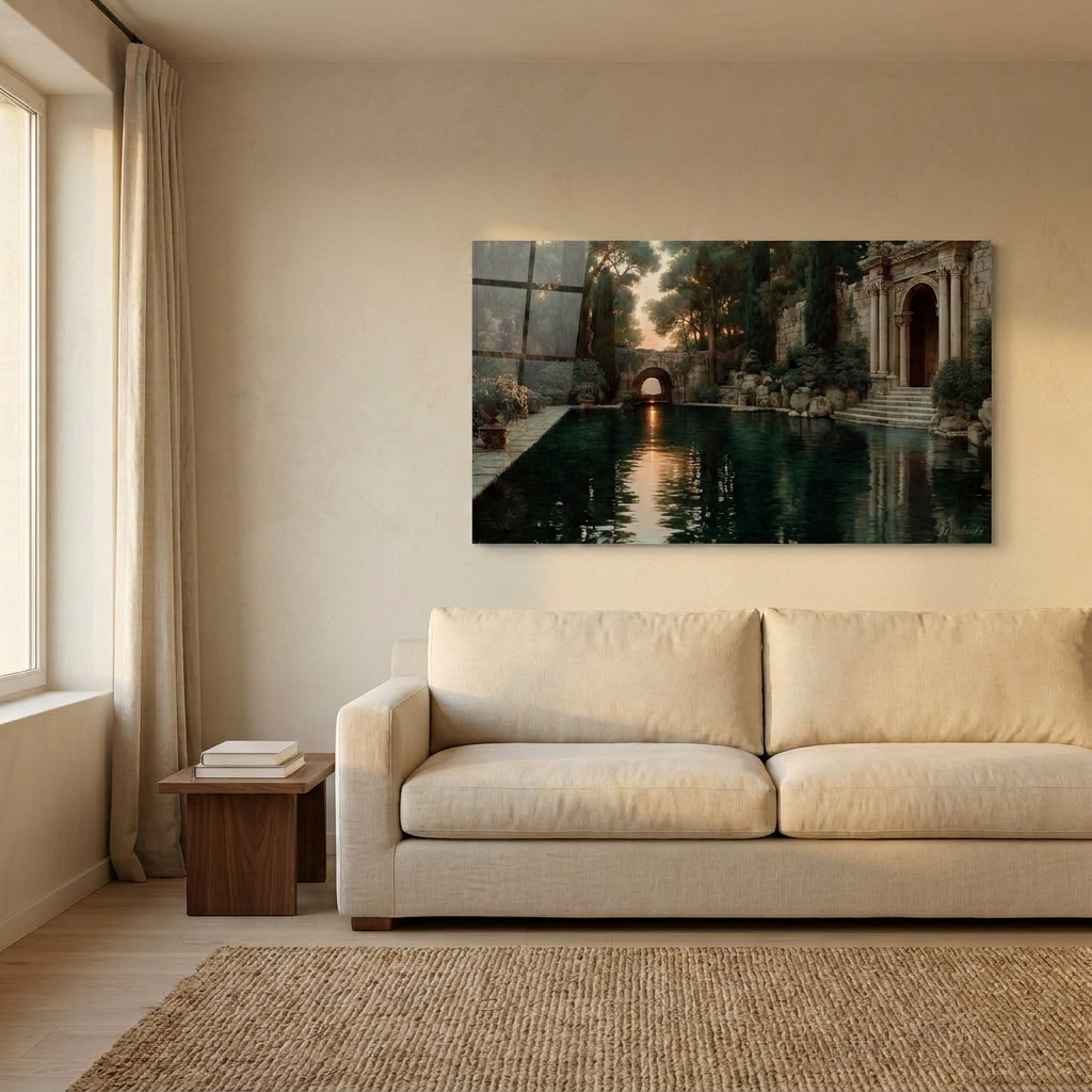 ARCADIA Wandbild über einem Leinensofa an einer Kalkputzwand – Lorenz Laurent Home