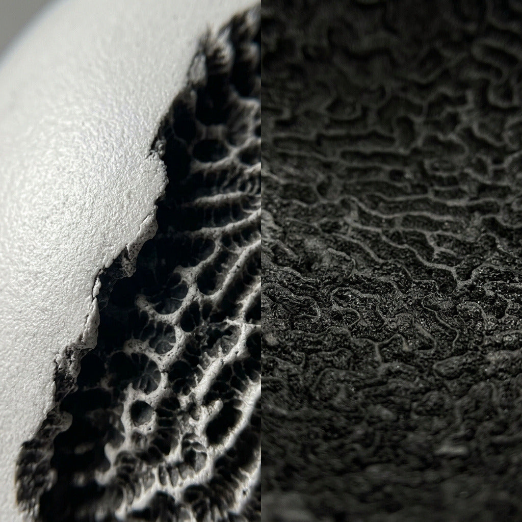 Lorenz Laurent – ATOLL Vase aus Beton im Detail, glatte Außenseite und korallenartig gefurchte Innenfläche