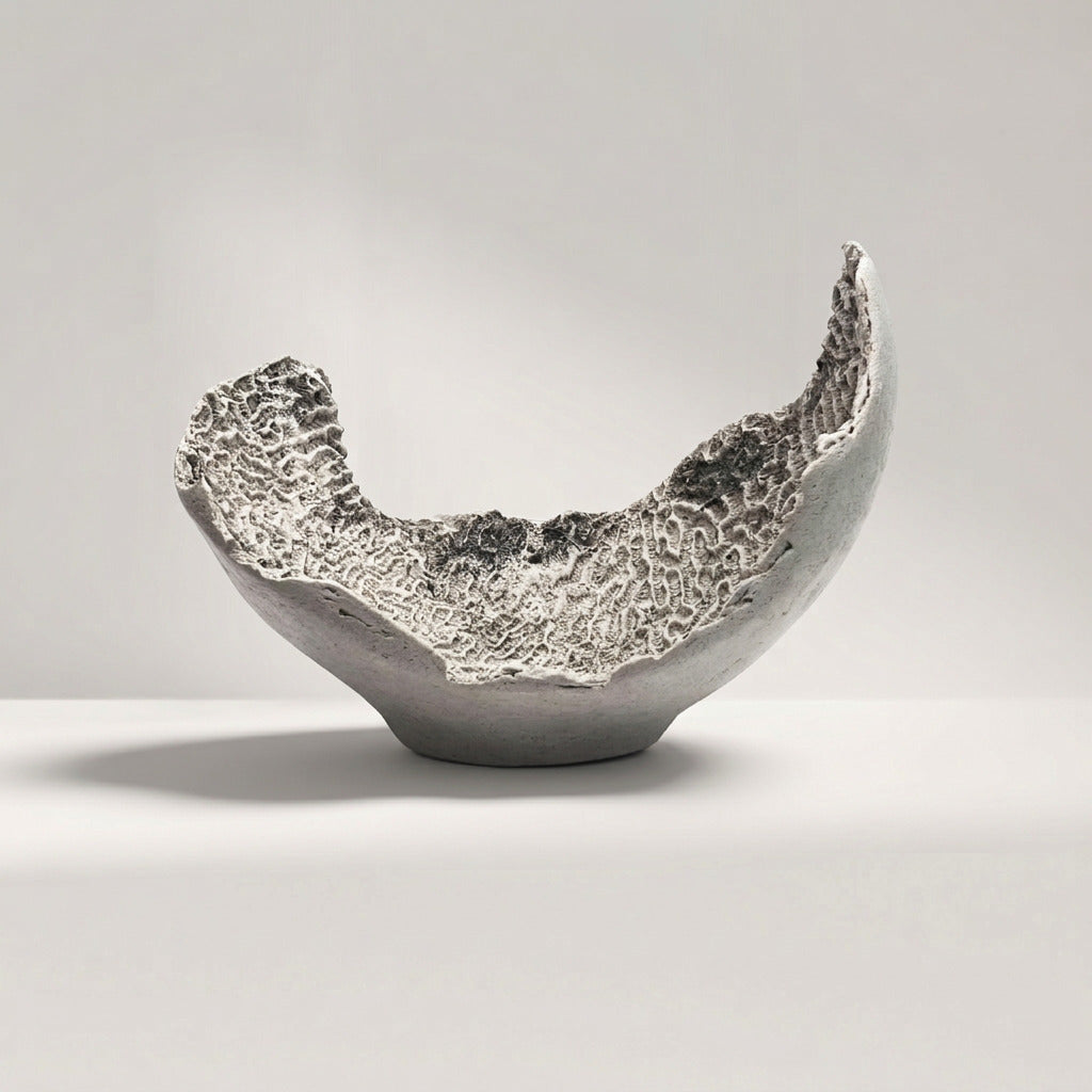 Lorenz Laurent – ATOLL Vase aus handgefertigtem Beton, offene Form mit rauem, korallenartig gefurchtem Rand