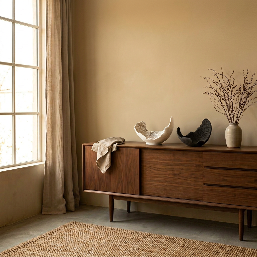 Lorenz Laurent – ATOLL Vase aus Beton, ein helles und ein dunkles Stück auf einem Sideboard aus dunklem Holz