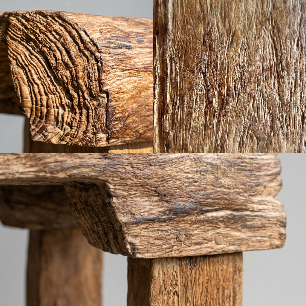 Lorenz Laurent – BRUT Hocker im Detail, Stirnholz, Faserstruktur und Auflage auf den Klötzen