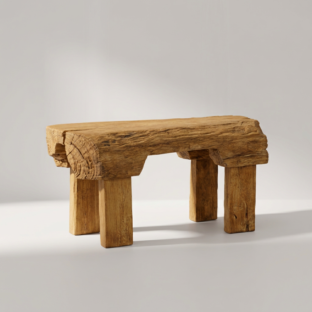 Lorenz Laurent – BRUT Hocker aus hellem massivem Teak, Balken auf kantigen Klötzen