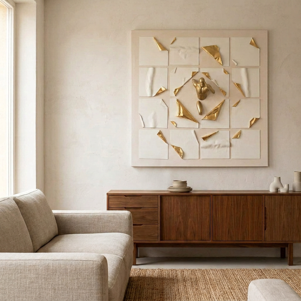 Lorenz Laurent – CORSA Wandbild über einem Sideboard vor Kalkputzwand