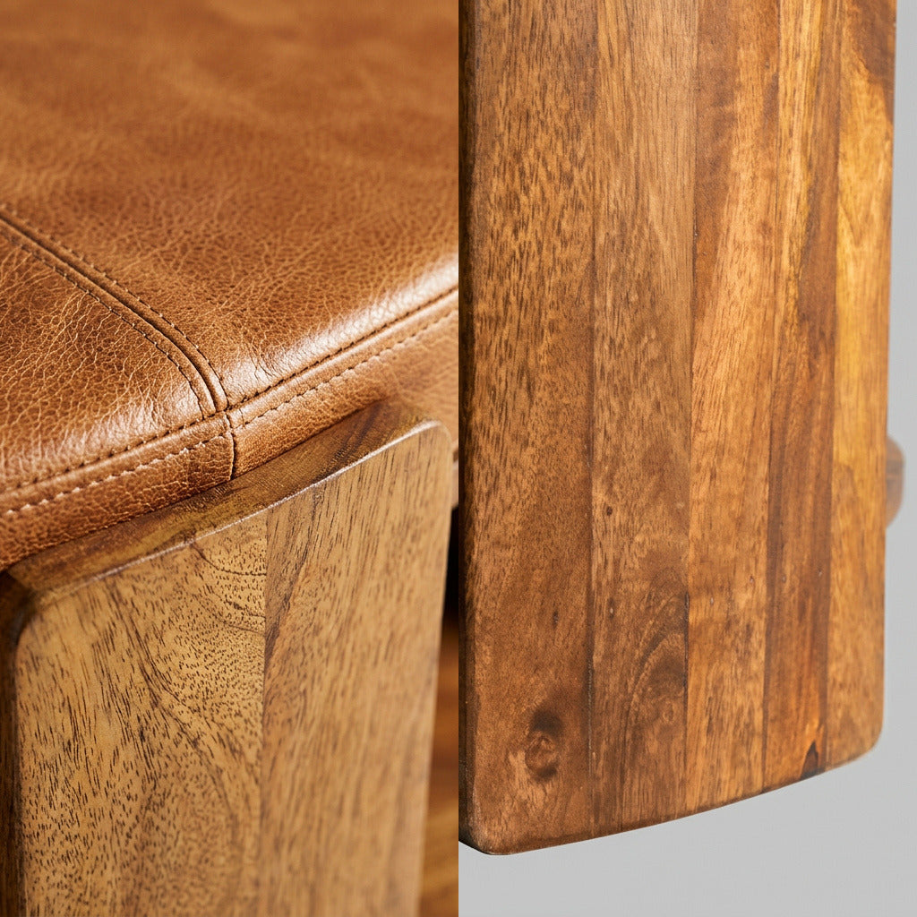 Lorenz Laurent – CUOIO Couchtisch im Detail, Lederkante am Holz und Wangenfuss