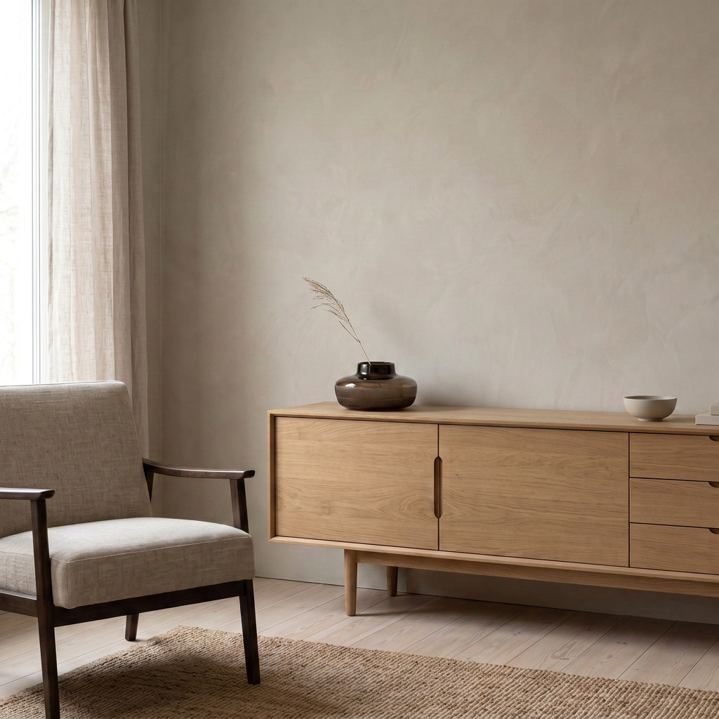 DISCA Vase aus Rauchglas mit Trockengras auf einem Sideboard aus hellem Holz – Lorenz Laurent Home