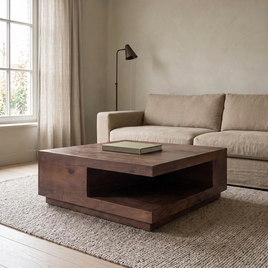 DOLMEN Couchtisch aus dunklem Mangoholz vor einem Leinensofa im Wohnzimmer – Lorenz Laurent Home