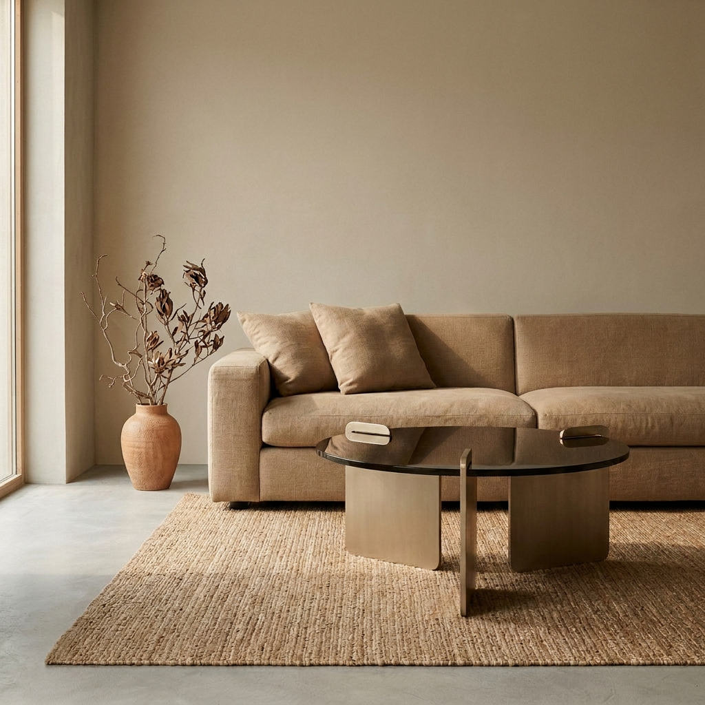 FIBULA Couchtisch vor einem Leinensofa auf einem Juteteppich – Lorenz Laurent Home