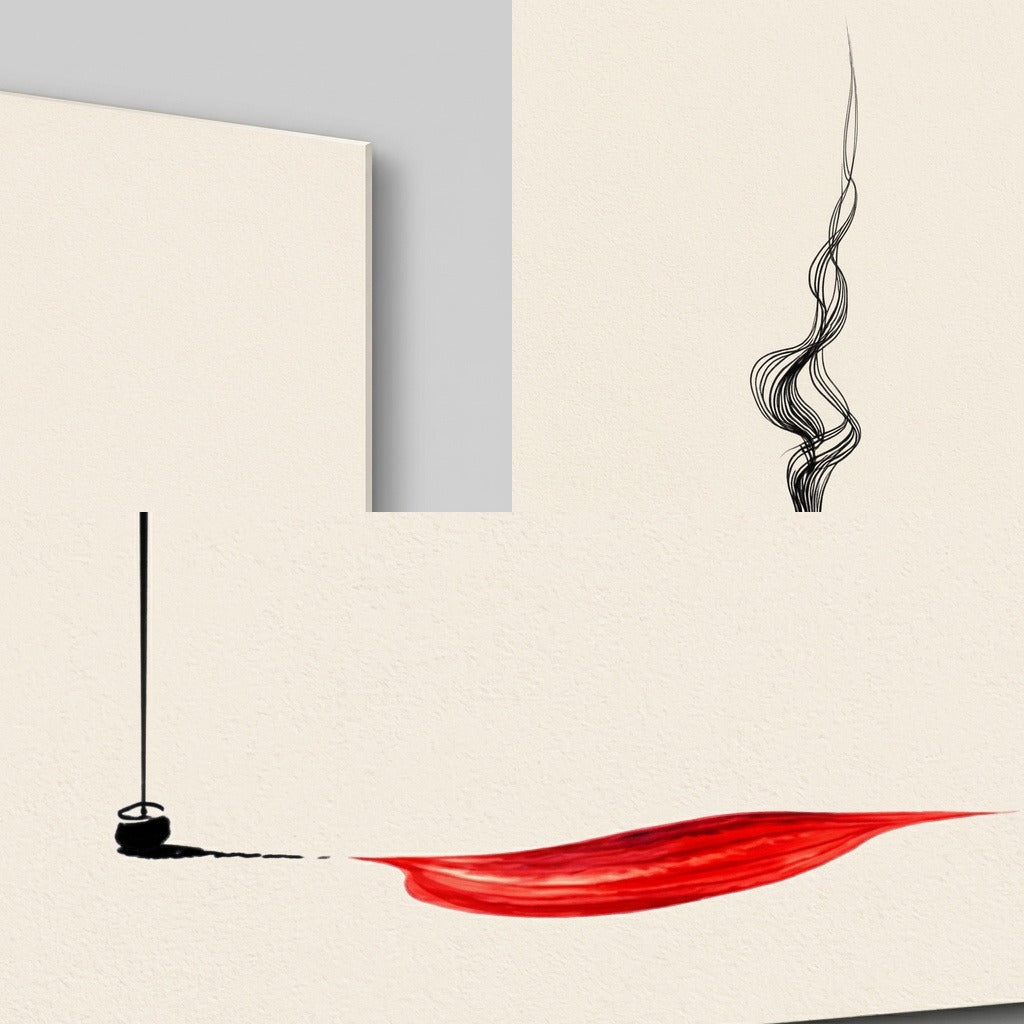 Lorenz Laurent – FUMO Wandbild im Detail, Glaskante, Rauchfaden und roter Pinselstrich vor beigem Grund