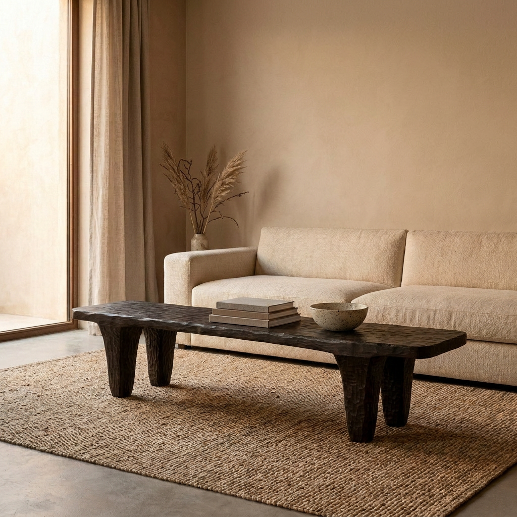 GANGA Couchtisch vor einem Sofa auf Juteteppich – Lorenz Laurent Home