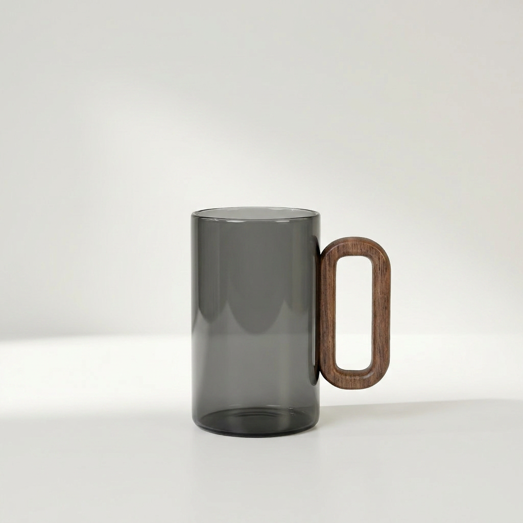 AKARI Glasbecher aus rauchgrauem Borosilikatglas mit Holzgriff, 350 ml, Ø 7 x H 11 cm – Lorenz Laurent Home
