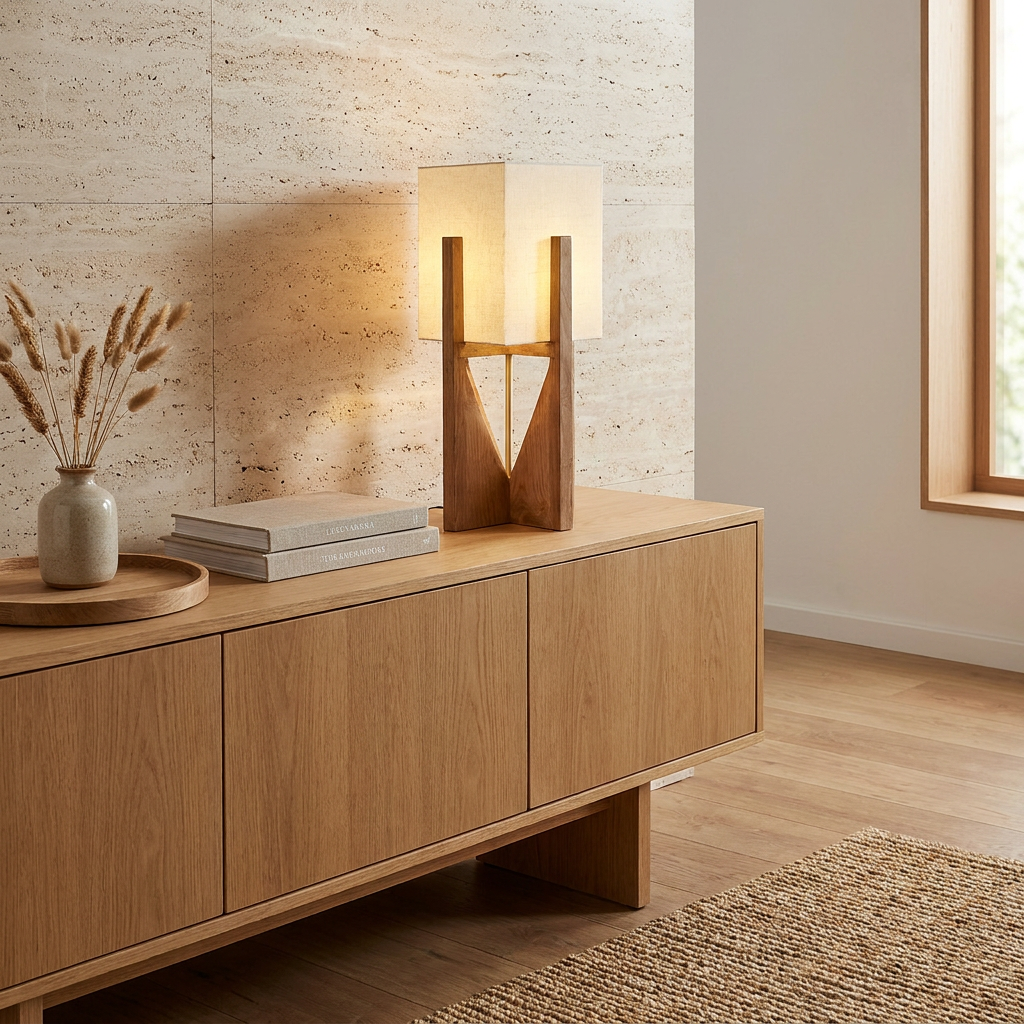 AKIRO Stehlampe mit offener Konstruktion aus Holz, Bambus und Chrom, 82 cm hoch – Lorenz Laurent Home