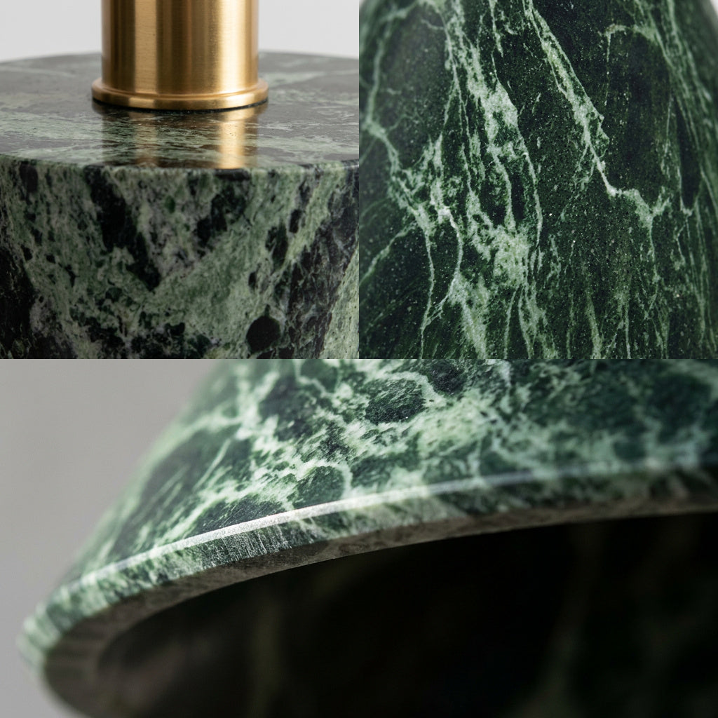 ALPI Tischleuchte im Detail, Messingring auf dem Marmorsockel und Aderung des Steins – Lorenz Laurent Home