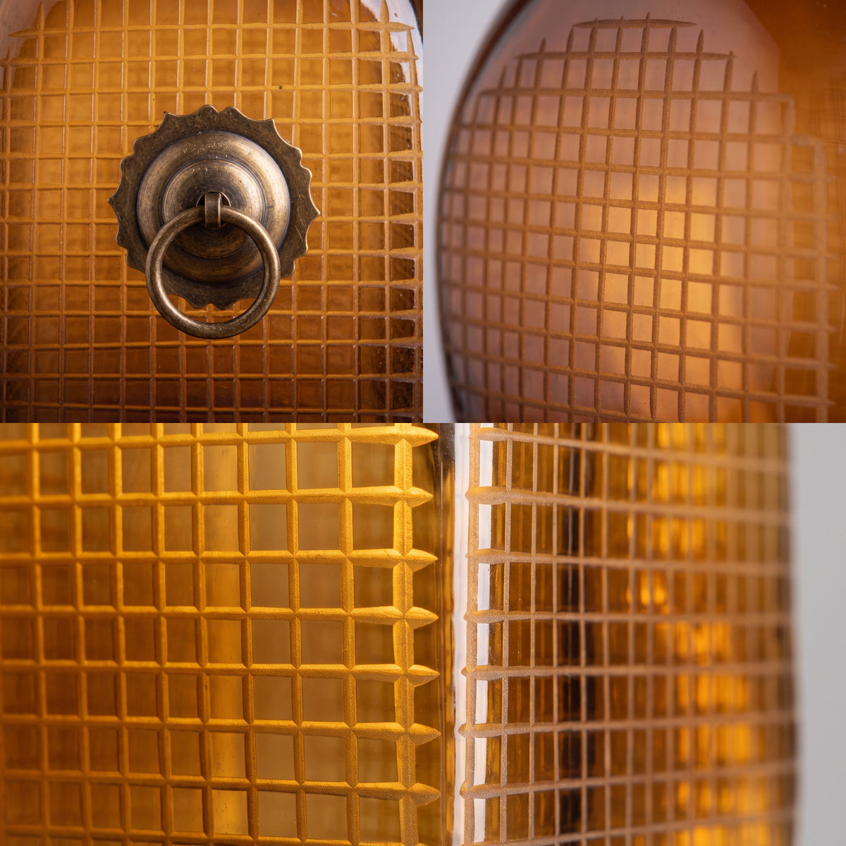 ANSA Vase im Detail, Bronze-Ringzug, Gitterätzung und Kante des Glaskorpus – Lorenz Laurent Home