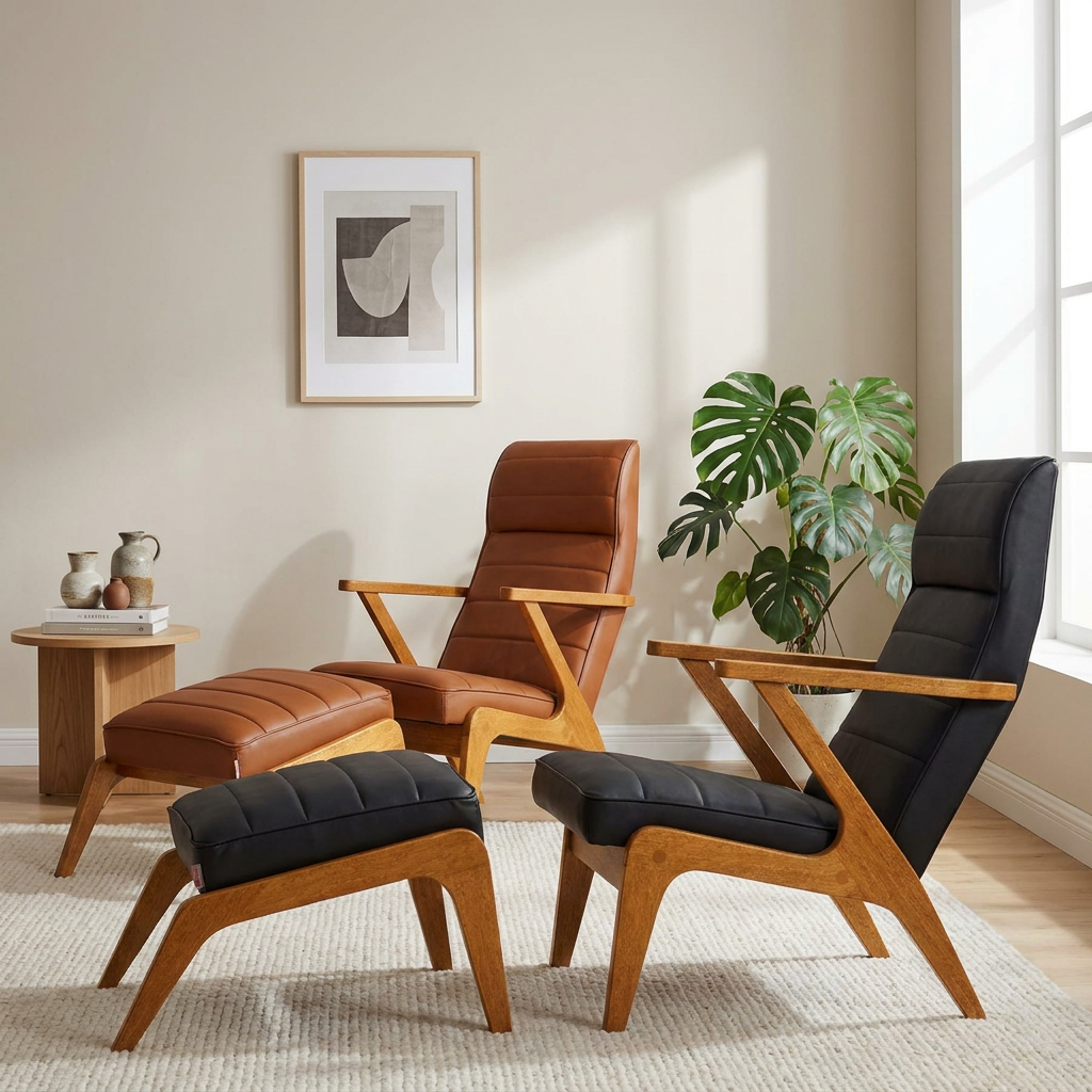 APOLLO Loungesessel im Mid-Century-Stil mit schlanken Polstern und Stahlfederung im Sitz – Lorenz Laurent Home