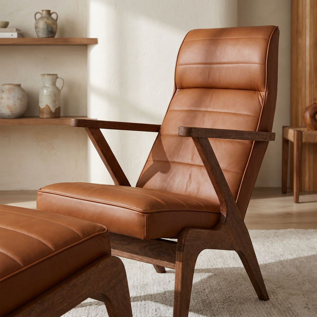 APOLLO Loungesessel aus Leder in Cognac mit weich gerundeten Armlehnen aus massivem Holz – Lorenz Laurent Home