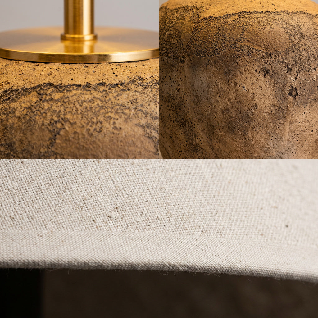 ARGILLA Tischleuchte im Detail, Messingring auf der rauen Keramik und das Leinengewebe – Lorenz Laurent Home