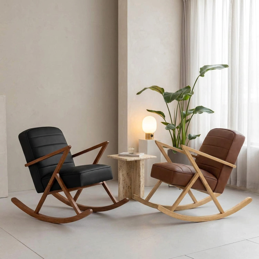 ARVO Loungesessel aus Leder und massivem Holz mit gewölbter Sitzfläche zum Schaukeln – Lorenz Laurent Home