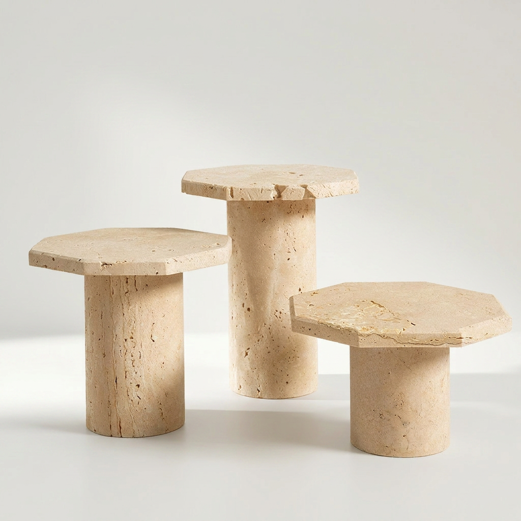 BABUR Ständer aus cremebeigem Travertin, mattiert, im 3er-Set mit 10 bis 18 cm Höhe – Lorenz Laurent Home