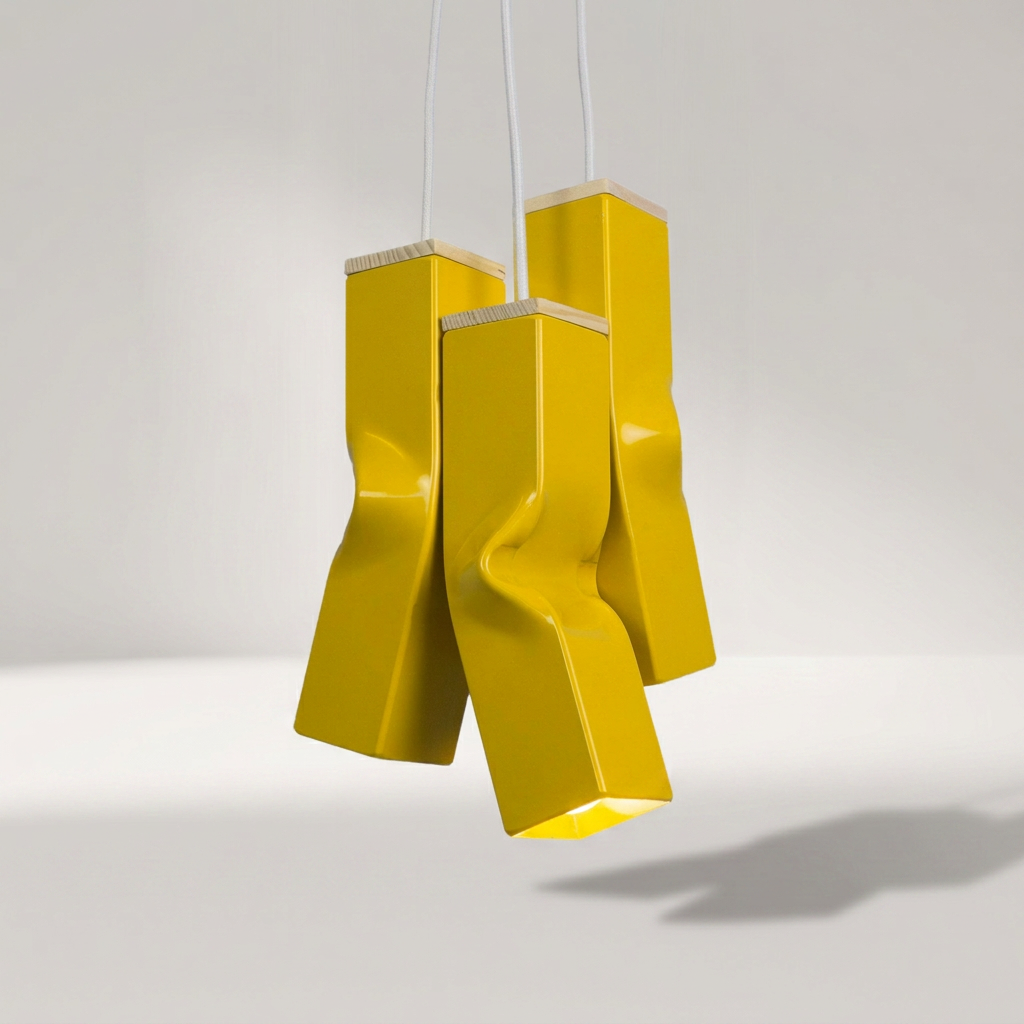 BENDY Pendelleuchte im Dreierset aus gelb lackiertem Stahl mit Birkenholzkappe – Lorenz Laurent Home