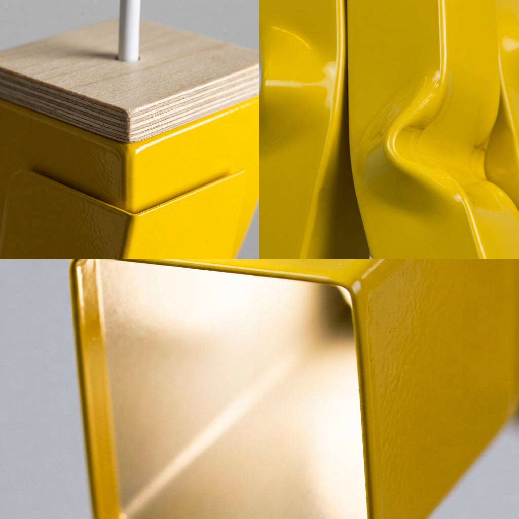 BENDY Pendelleuchte im Detail, Birkenholzkappe, Hochglanzlack und offener Boden – Lorenz Laurent Home