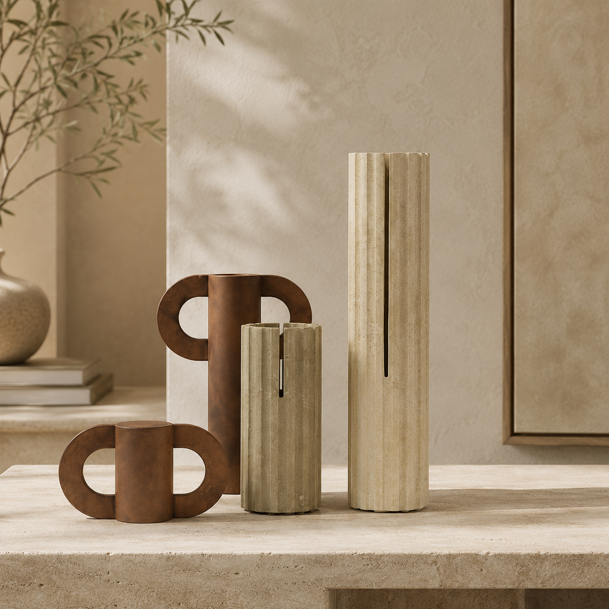 CAVA Vase mit Steinbasis und Eisenaufbau, klein oder groß und als 2er-Set – Lorenz Laurent Home
