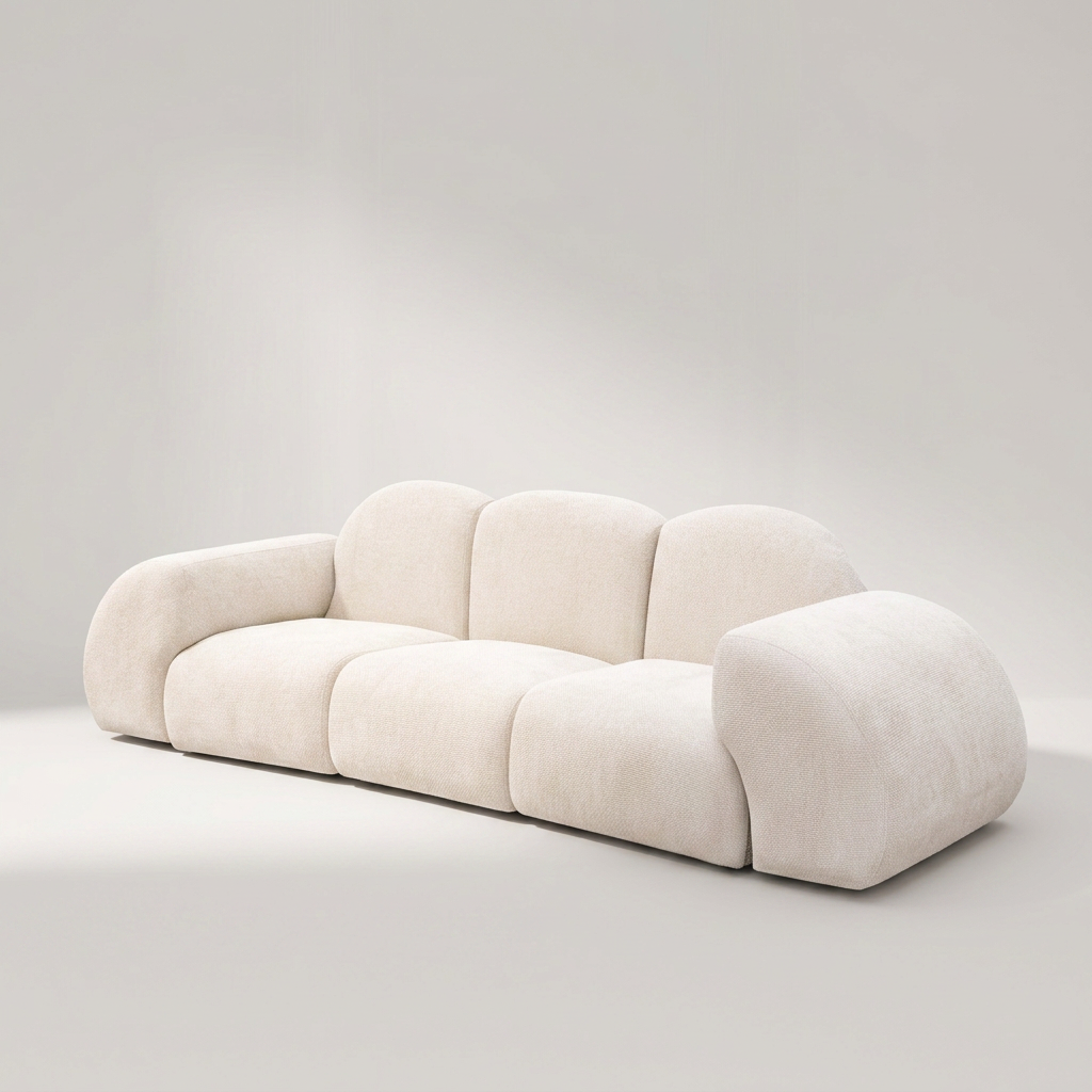 CULVER Sofa mit drei Rückenkissen aus cremebeigem Chenille, 300 cm breit – Lorenz Laurent Home